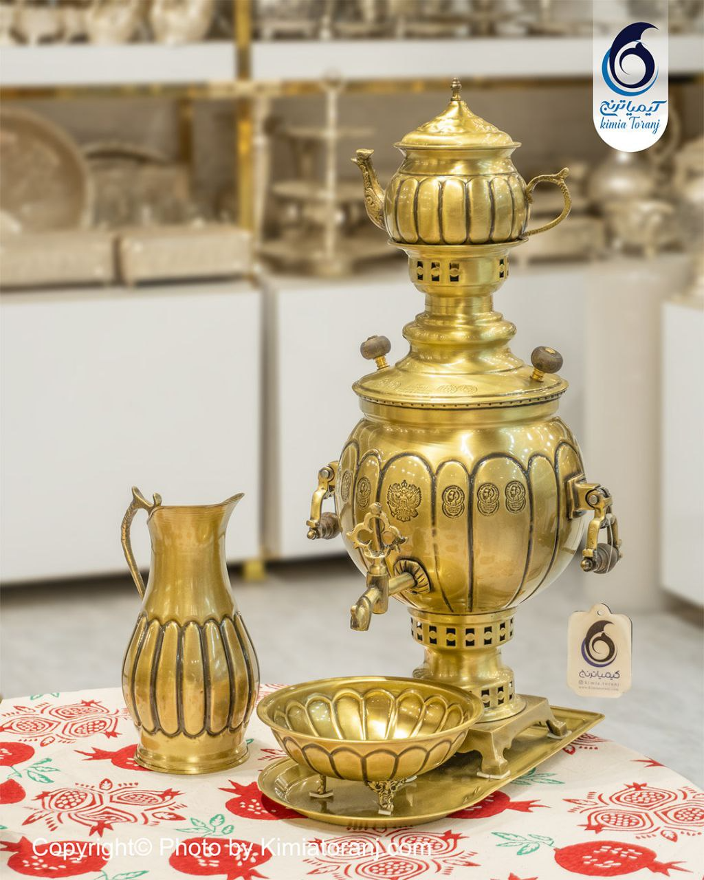 سماور زغالی 4 لیتری توپی خطی دسته آویز برنجی ضخیم