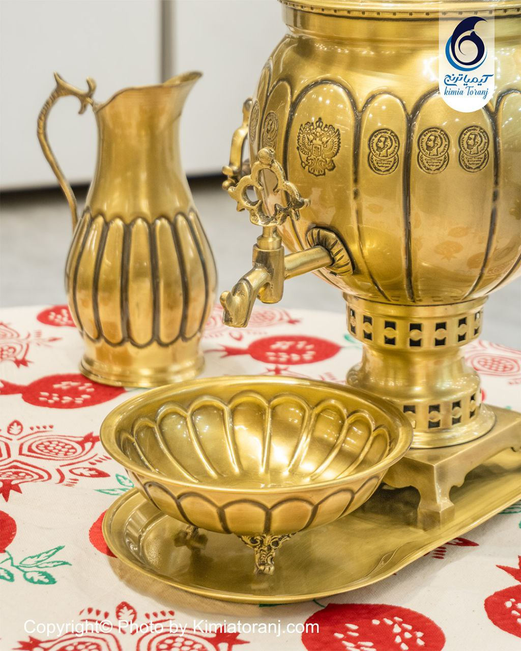 سماور زغالی 4 لیتری توپی خطی دسته آویز برنجی ضخیم