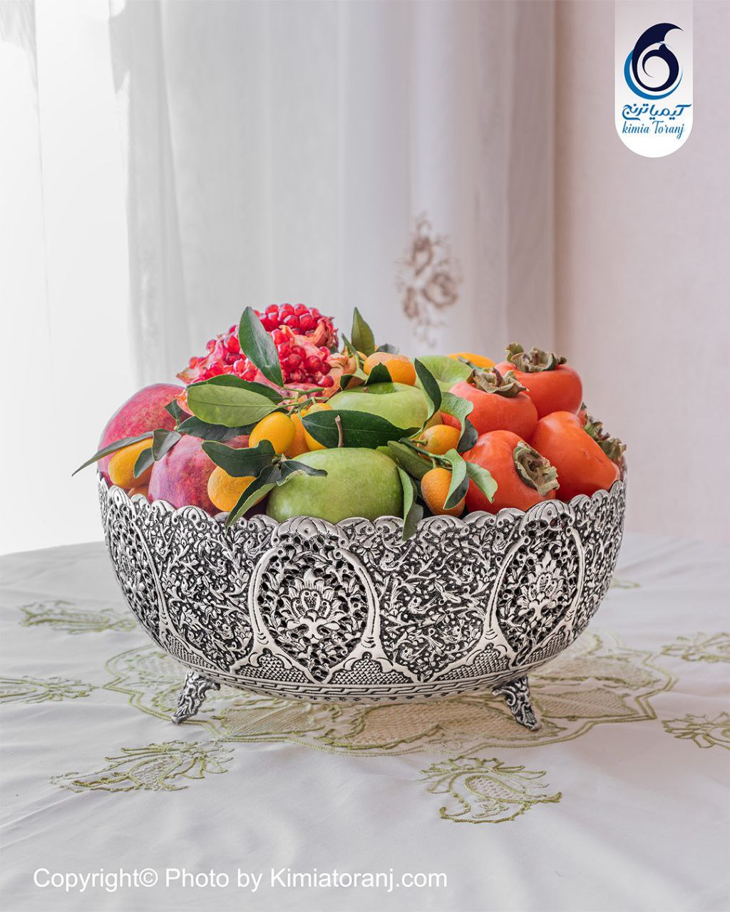 میوه خوری شبه نقره سه پایه قلم گل و مرغ