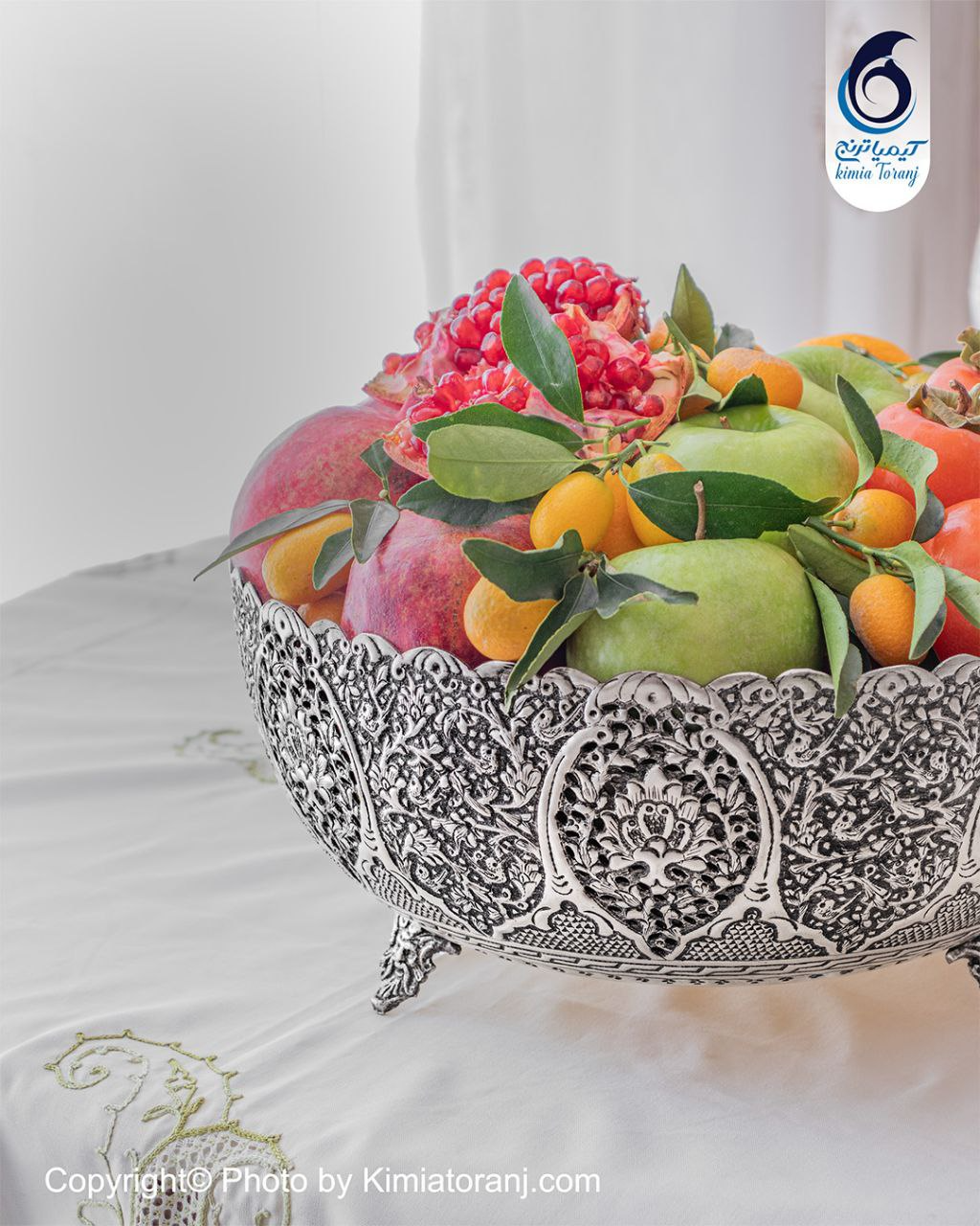 میوه خوری شبه نقره سه پایه قلم گل و مرغ