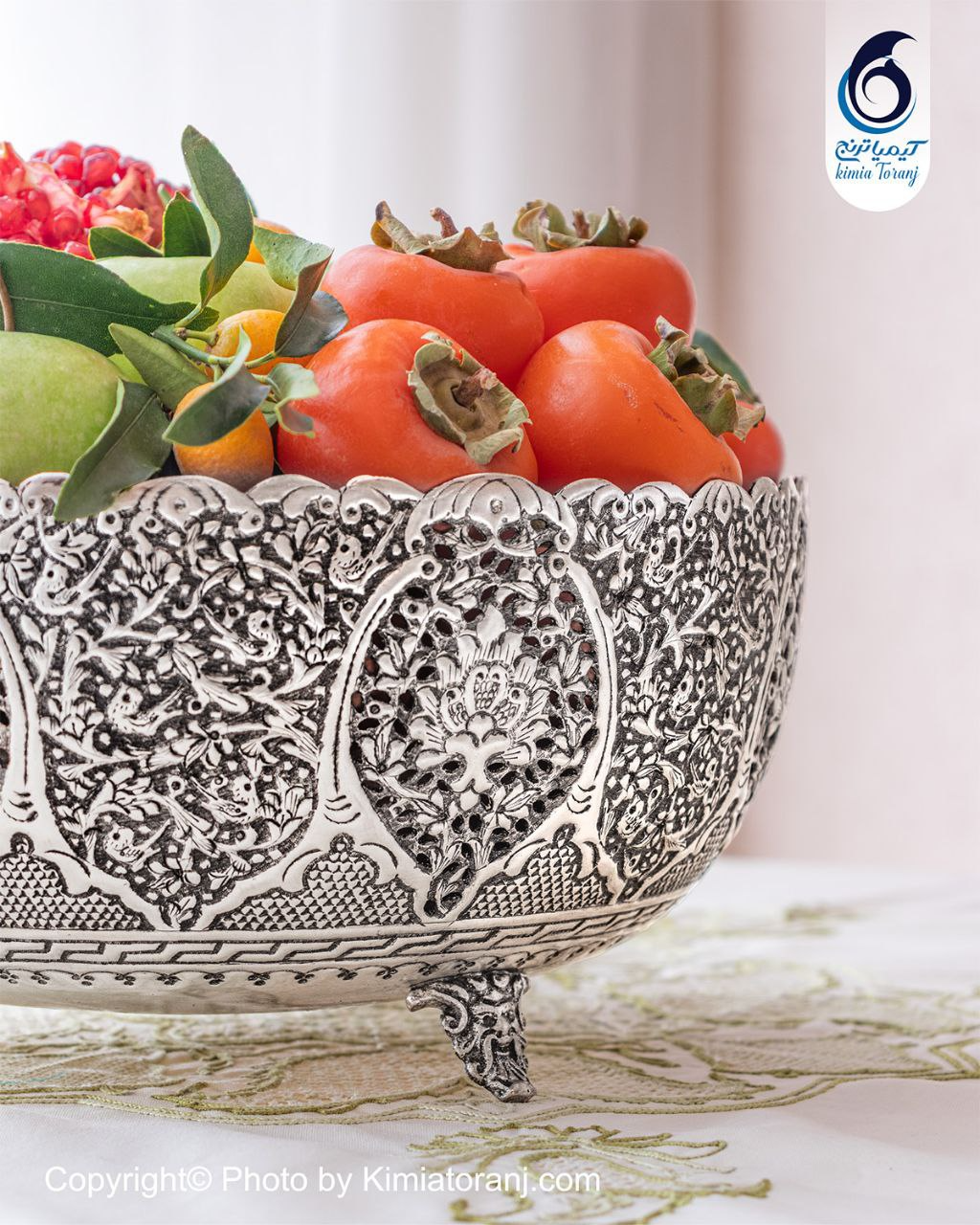 میوه خوری شبه نقره سه پایه قلم گل و مرغ