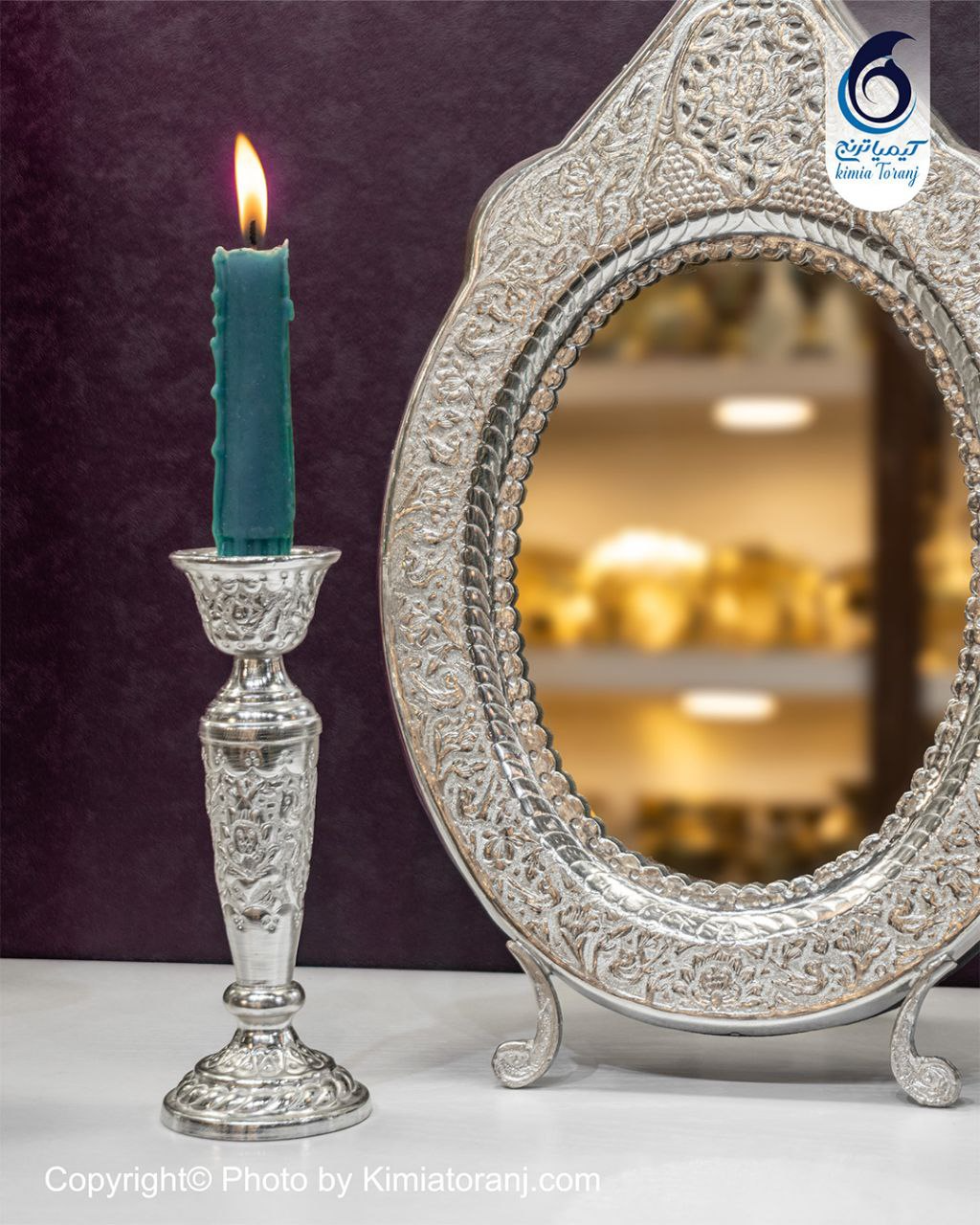 آینه شمعدان بیضی تاجدار 36 شبه نقره گل و مرغ