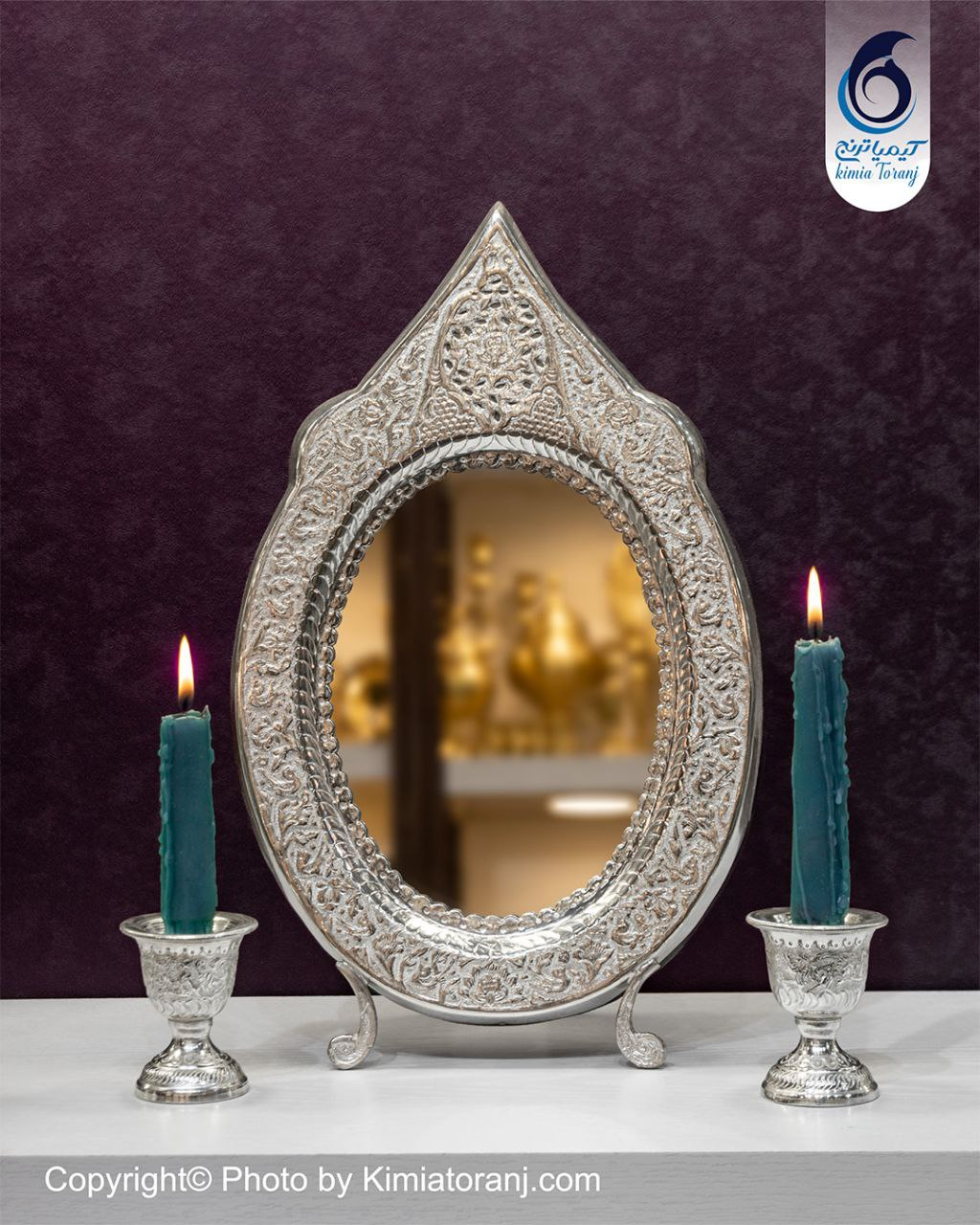 آینه شمعدان بیضی تاجدار 36 شبه نقره گل و مرغ