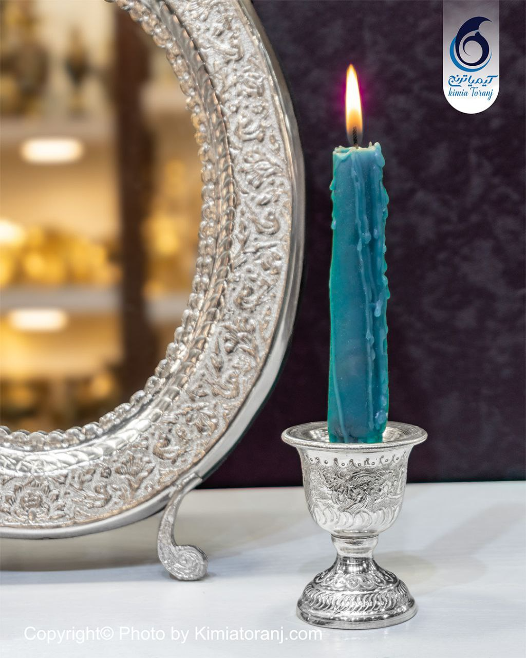آینه شمعدان بیضی تاجدار 36 شبه نقره گل و مرغ