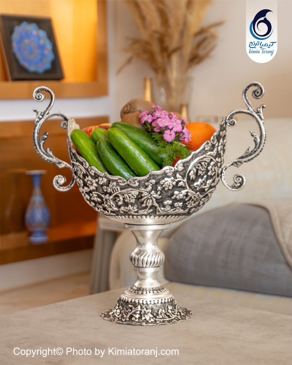 کشکول دسته دار شبه نقره قلم گل برجسته سایز 2