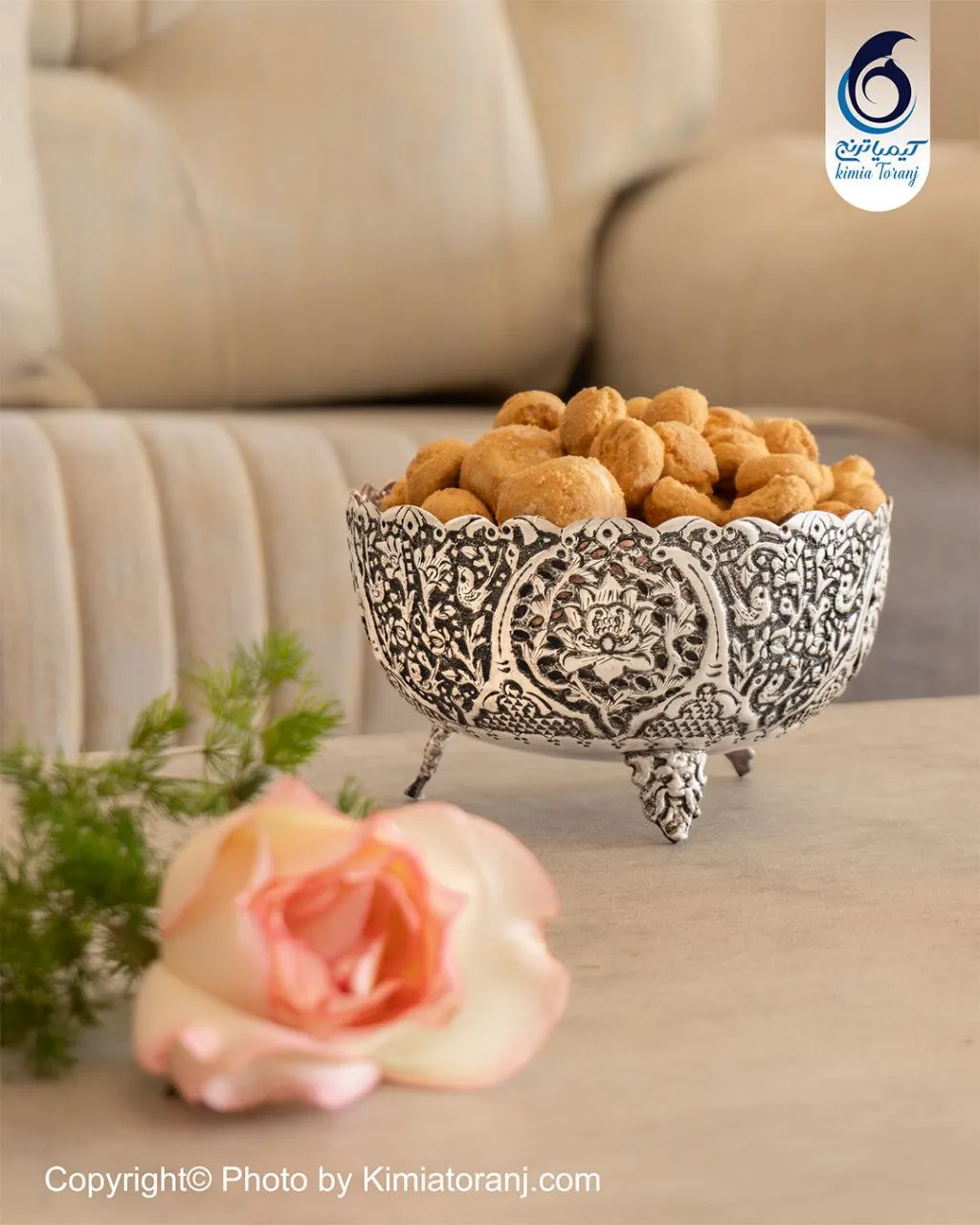 کاسه آجیل خوری کوچک شبه نقره قلم گل و مرغ