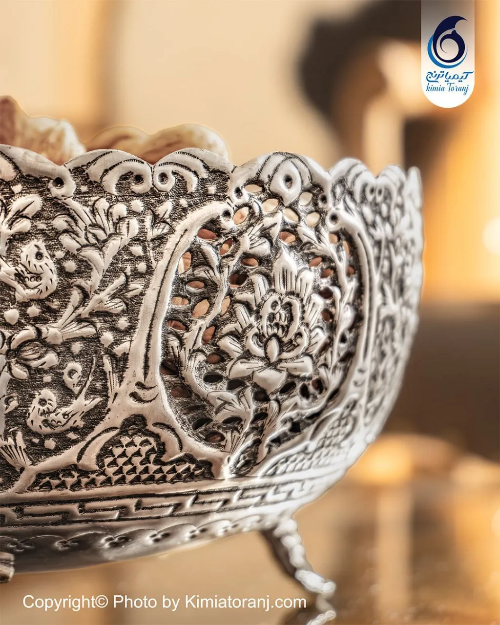 کاسه آجیل خوری کوچک شبه نقره قلم گل و مرغ