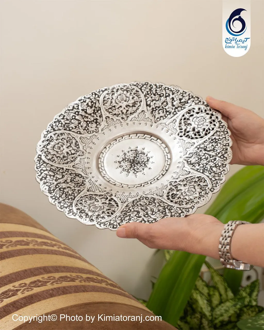 شیرینی خوری سه پایه شبه نقره قلم گل و مرغ