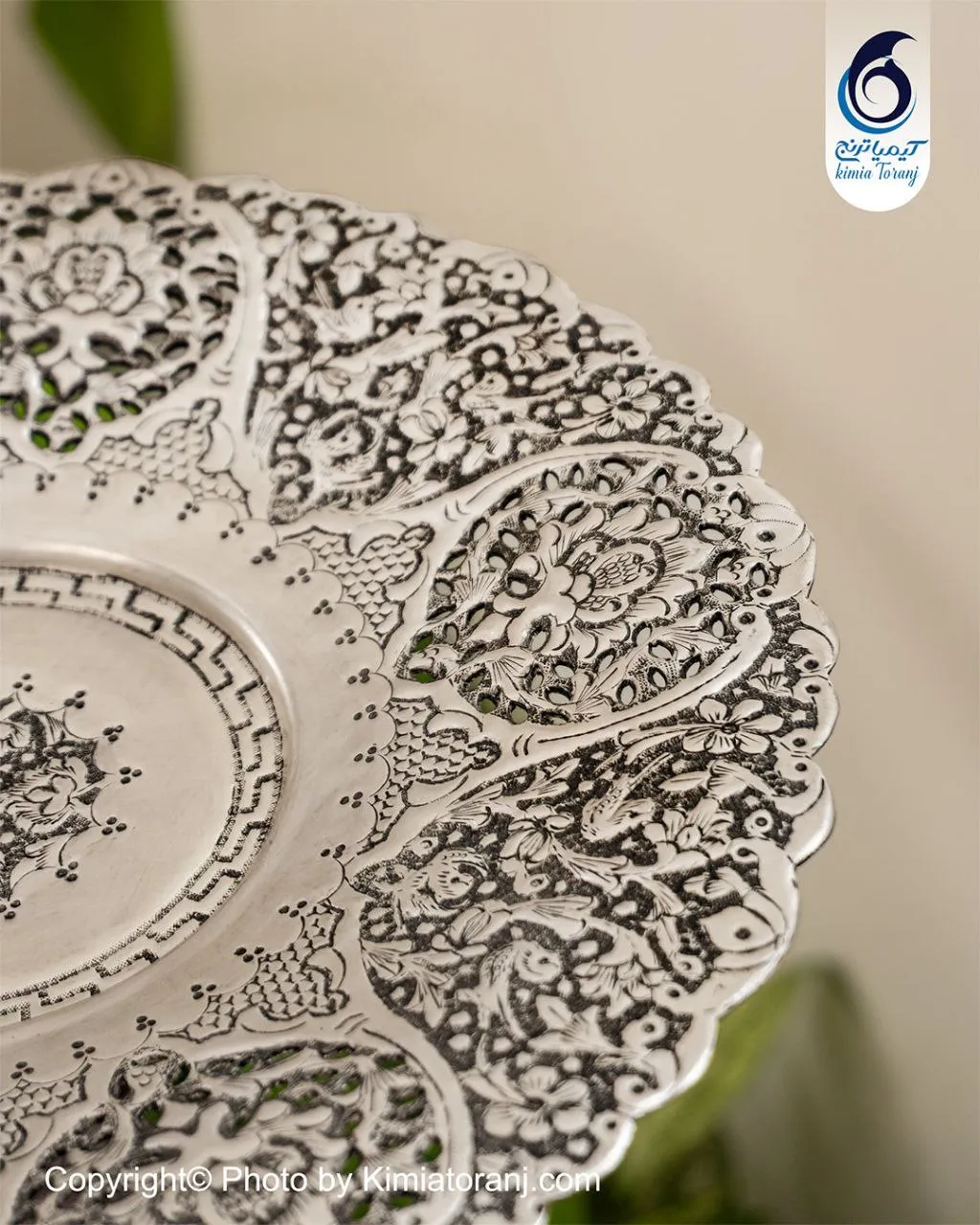 شیرینی خوری سه پایه شبه نقره قلم گل و مرغ