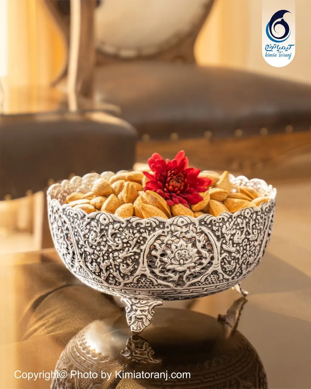 کاسه آجیل خوری شبه نقره قلم گل و مرغ