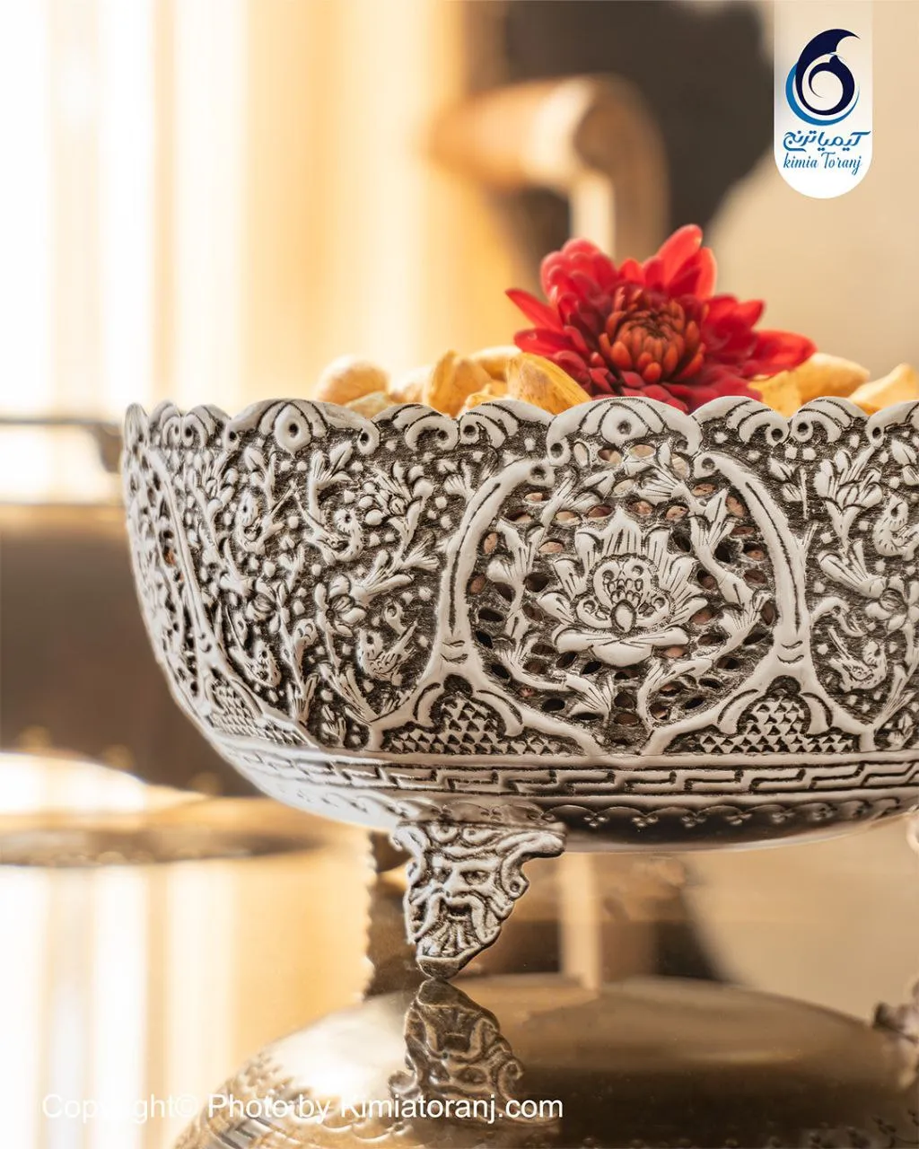کاسه آجیل خوری شبه نقره قلم گل و مرغ