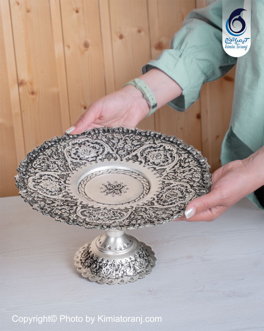 شیرینی خوری شبه نقره تک پایه قلم گل و مرغ