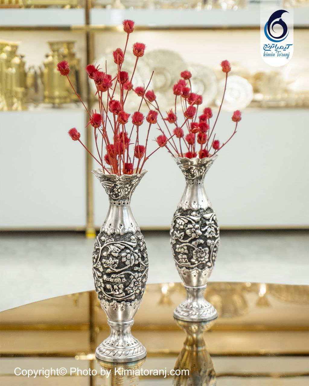 گلدان موشکی  شبه نقره قلم گل برجسته