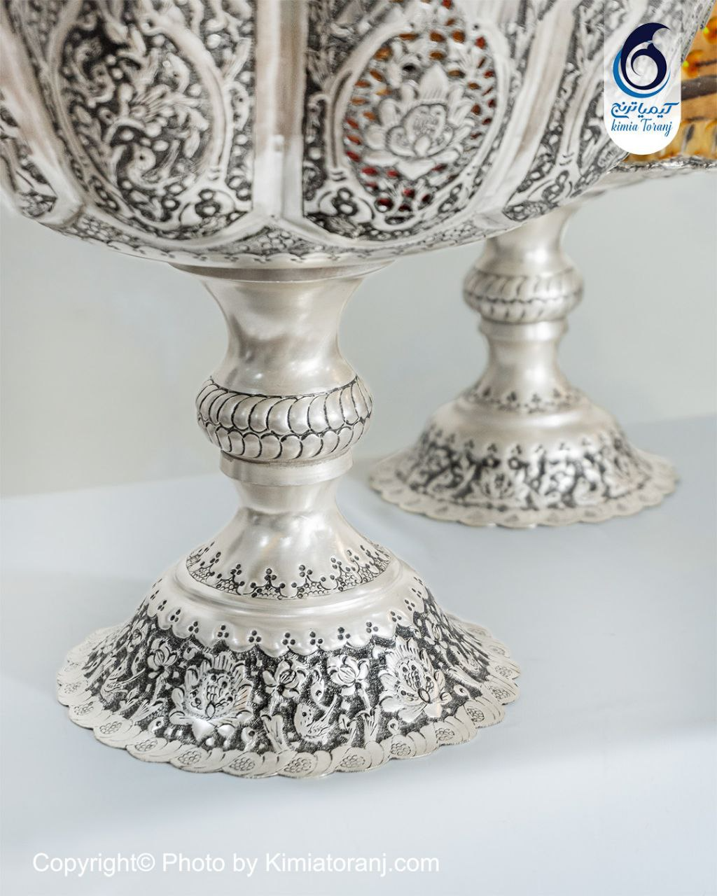 میوه خوری شبه نقره تک پایه قلم گل و مرغ