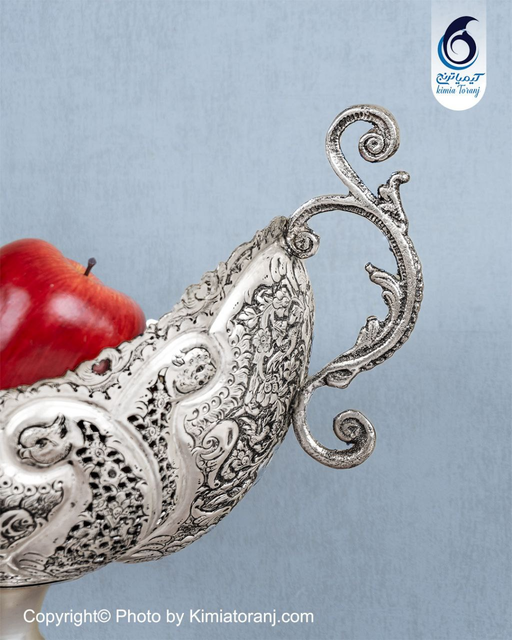 کشکول شبه نقره تک پایه دسته دار قلم گل و مرغ