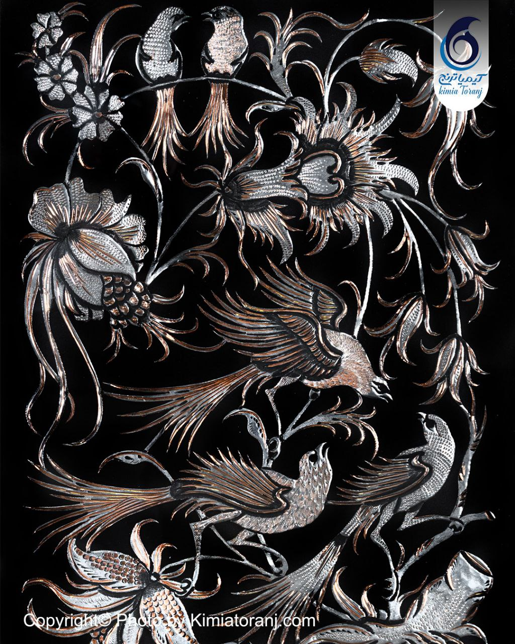 تابلو خاتم و تذهیب با پلاک قلمزنی گل ومرغ