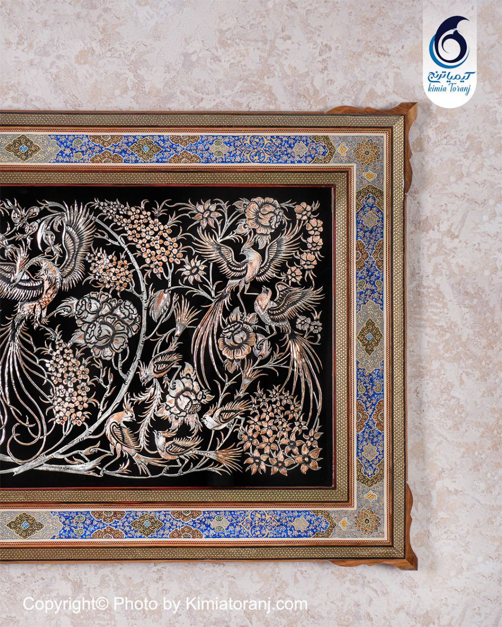 تابلو خاتم و تذهیب با پلاک قلمزنی گل و مرغ