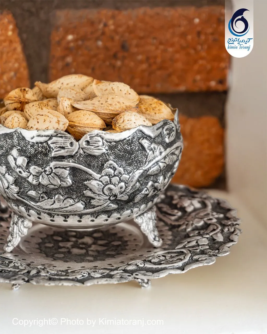 ست آجیل خوری شبه نقره سه پایه قلم گل برجسته