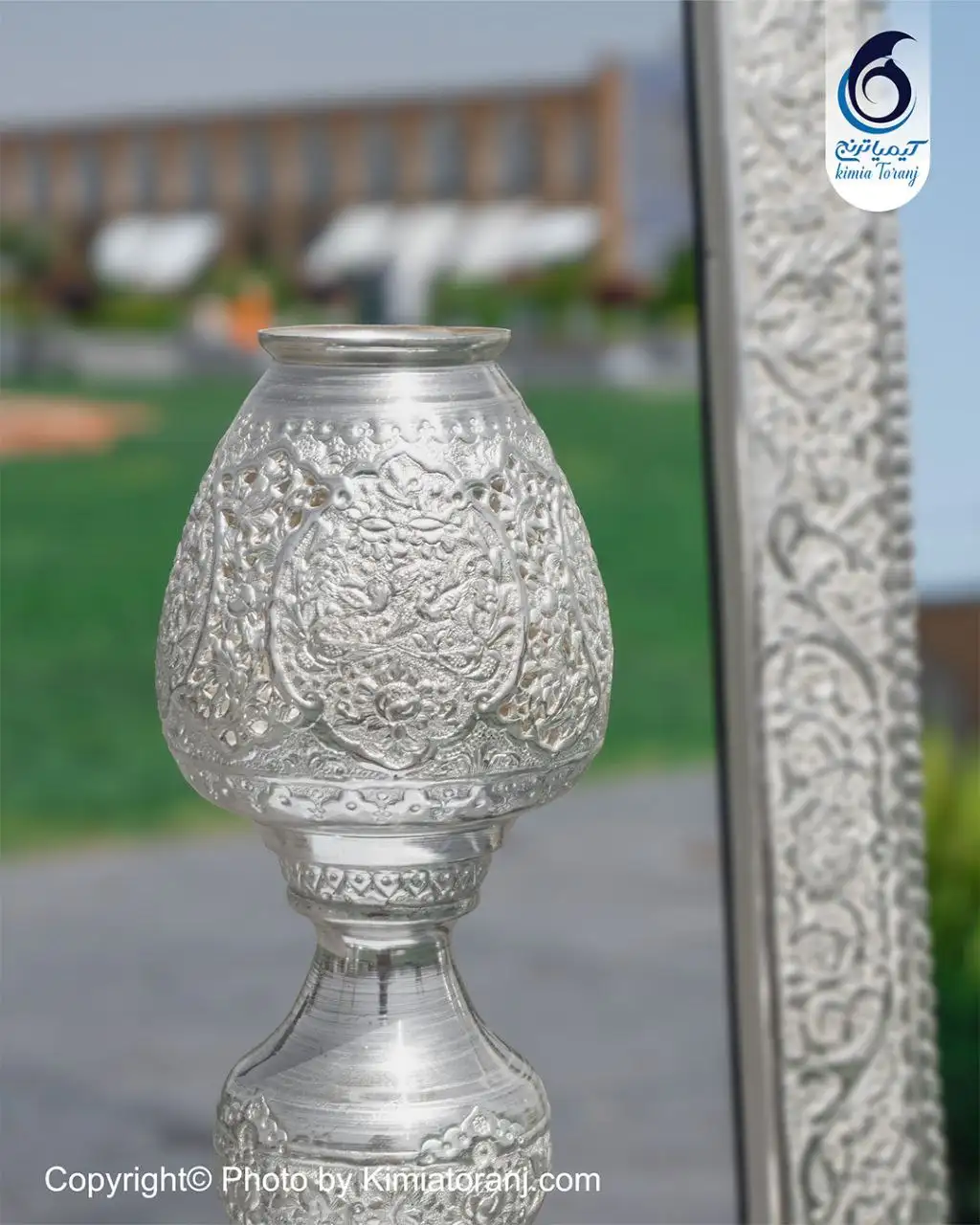 آینه  شمعدان چهارگوش تاجدار 63 شبه نقره  قلم گل و مرغ