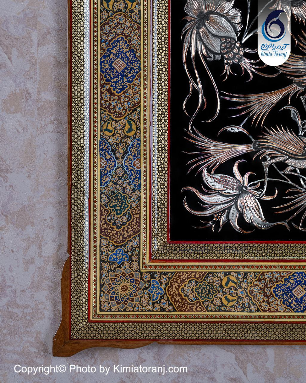 تابلو خاتم و تذهیب با پلاک قلمزنی گل ومرغ