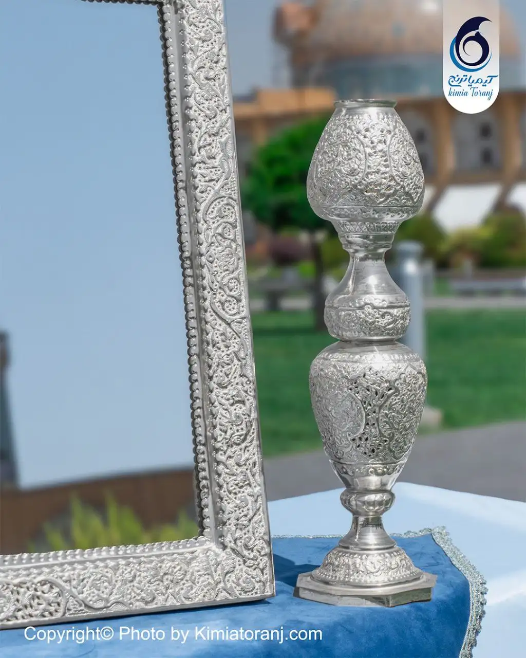 آینه  شمعدان چهارگوش تاجدار 63 شبه نقره  قلم گل و مرغ