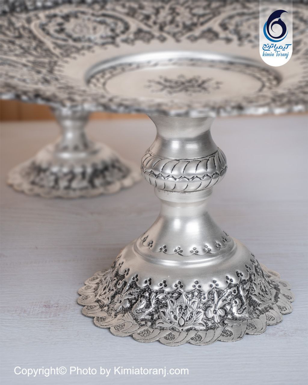 شیرینی خوری شبه نقره تک پایه قلم گل و مرغ