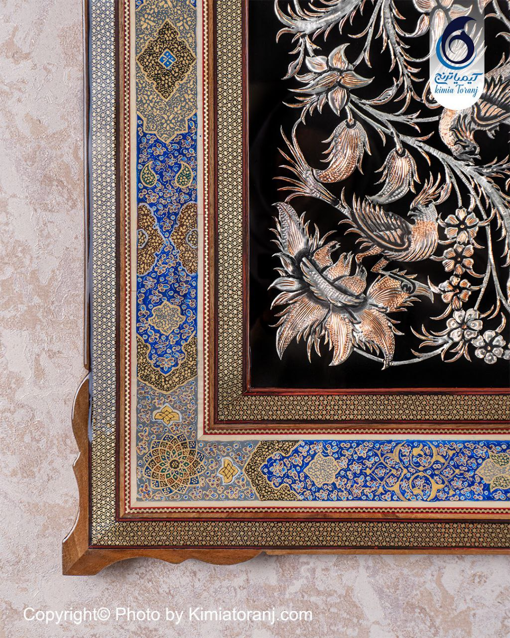 تابلو خاتم و تذهیب با پلاک قلمزنی گل و مرغ